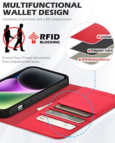 SHIELDON Folio Case for iPhone 14 5G 6.1", Genuine Leather Wallet Case with [Magnetic][Shock Absorbing] [RFID Blocking][Card Holder][Kickstand] Flip Cover Compatible with iPhone 14 2022, Litchi Red