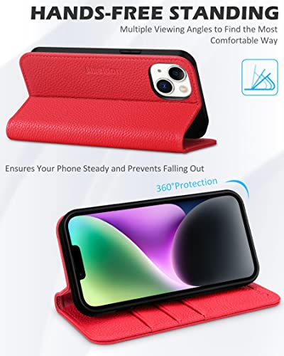 SHIELDON Folio Case for iPhone 14 5G 6.1", Genuine Leather Wallet Case with [Magnetic][Shock Absorbing] [RFID Blocking][Card Holder][Kickstand] Flip Cover Compatible with iPhone 14 2022, Litchi Red