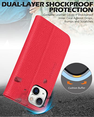 SHIELDON Folio Case for iPhone 14 5G 6.1", Genuine Leather Wallet Case with [Magnetic][Shock Absorbing] [RFID Blocking][Card Holder][Kickstand] Flip Cover Compatible with iPhone 14 2022, Litchi Red