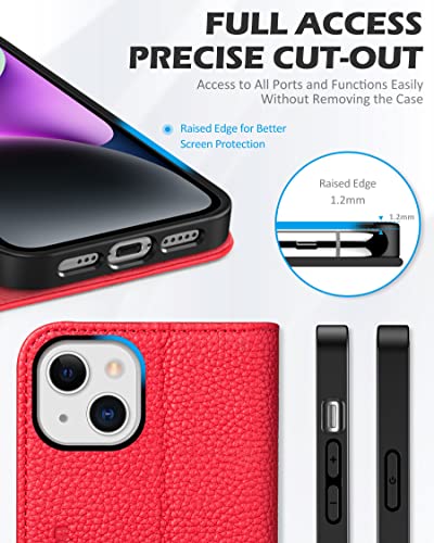 SHIELDON Folio Case for iPhone 14 5G 6.1", Genuine Leather Wallet Case with [Magnetic][Shock Absorbing] [RFID Blocking][Card Holder][Kickstand] Flip Cover Compatible with iPhone 14 2022, Litchi Red