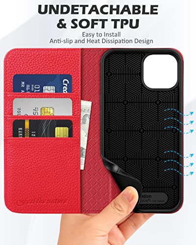 SHIELDON Folio Case for iPhone 14 5G 6.1", Genuine Leather Wallet Case with [Magnetic][Shock Absorbing] [RFID Blocking][Card Holder][Kickstand] Flip Cover Compatible with iPhone 14 2022, Litchi Red