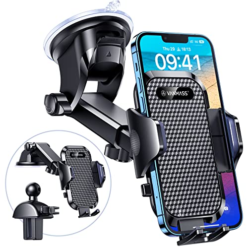 VANMASS 【PRO Version】 Car Phone Holder Mount 【Military-Grade】 2023 Upgraded Suction Cup Vent Clip Mobile Automobile Cradles Van Accessories Windscreen Dashboard for iPhone 14 Pro Max 13 12 Samsung