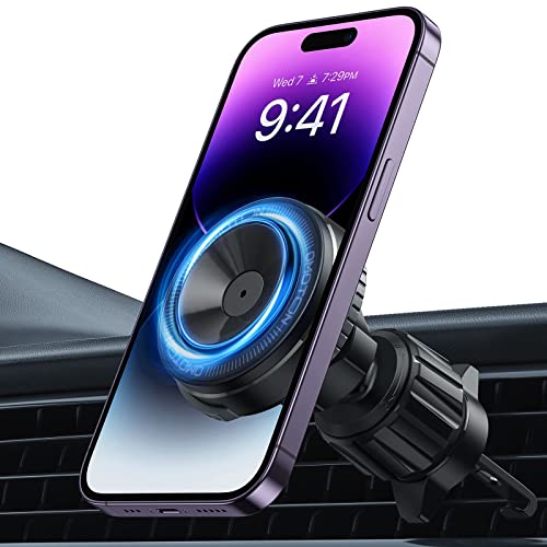 O-Mag DriveSafe Car Phone Mount, Air Vent Car Phone Holder, Powerful Magnetic Mounting and Vacuum Suction Cup, Easy One Hand Use, 360° Adjustable, Fits iPhone, MagSafe Cases and Android phones