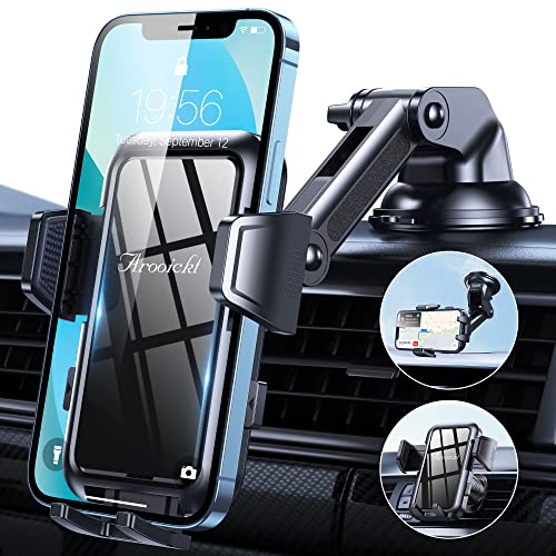 ArooickT Car Phone Holder，[Super Stable & Durable] Upgraded Strongest Suction Phone Holder for Cars，3-in-1 Phone Holder Dashboard/Air Vent/Windshield, Hands-Free Washable for All Mobile Phones
