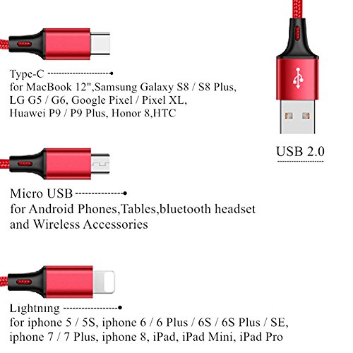 ANKCE Multi USB Charging Cable, 4FT/1.2M Nylon Braided 3 in 1 Charger Cable with Type C/Mirco USB for Cell Phones Tablets and More… (Black) (Red)