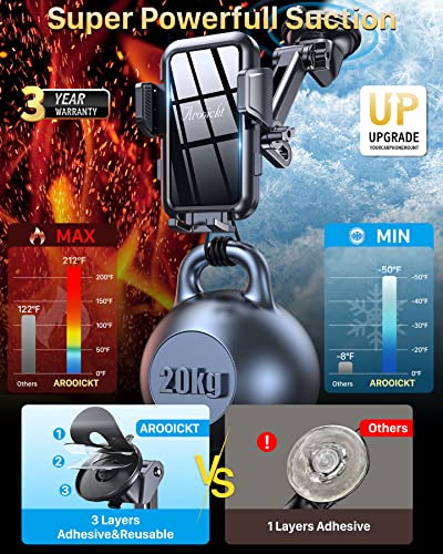 ArooickT Car Phone Holder，[Super Stable & Durable] Upgraded Strongest Suction Phone Holder for Cars，3-in-1 Phone Holder Dashboard/Air Vent/Windshield, Hands-Free Washable for All Mobile Phones