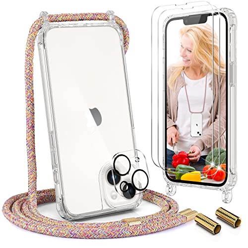 UYMO Crossbody Cell Phone Case for iPhone 14 Plus 6.7", with 2 Pack Tempered Glass Screen Protector + 1 Pack Camera Lens Protector,Adjustable Necklace Lanyard Cover Holder with Cord Strap - Rainbow