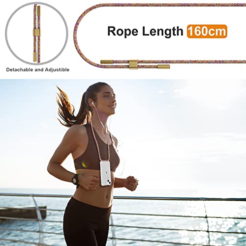 UYMO Crossbody Cell Phone Case for iPhone 14 Plus 6.7", with 2 Pack Tempered Glass Screen Protector + 1 Pack Camera Lens Protector,Adjustable Necklace Lanyard Cover Holder with Cord Strap - Rainbow