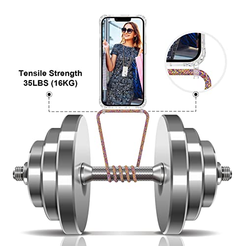 UYMO Crossbody Cell Phone Case for iPhone 14 Plus 6.7", with 2 Pack Tempered Glass Screen Protector + 1 Pack Camera Lens Protector,Adjustable Necklace Lanyard Cover Holder with Cord Strap - Rainbow