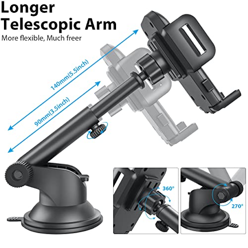 GVTECH Car Phone Holder, Dashboard Windscreen Car Phone Mount, Universal Car Cradle 360° Rotatable Extendable Arm One Button Release stand for iPhone 13 12 11 Pro Max XS Max Xr X 8 7 6s Plus, Samsung