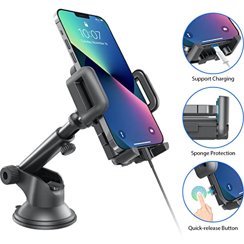 GVTECH Car Phone Holder, Dashboard Windscreen Car Phone Mount, Universal Car Cradle 360° Rotatable Extendable Arm One Button Release stand for iPhone 13 12 11 Pro Max XS Max Xr X 8 7 6s Plus, Samsung