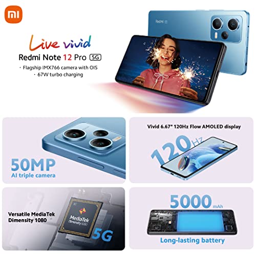 Xiaomi Redmi Note 12 Pro 5G, 120Hz AMOLED display, Snapdragon® 5G processor, 33W 5000mAh, Sky Blue 6GB RAM 128GB ROM (UK Version 2 Year Warranty)