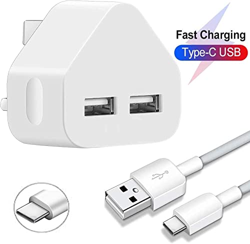 Galaxy A23 / A23 5G / A22 5G / A22 / A21S / A21 / A04S / A04 Type C Charger, Dual USB Port [1M] Fast Charging Cable Charger Triangle UK 3 Pin Mains Wall Plug USB C Charger For Samsung Galaxy A22 5G