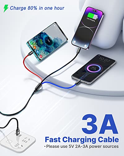 Multi Charger Cable, Multi Charging Cable 3 in 1 Fast Multi USB Charger Cable Multiple Cable Nylon with Micro USB Type C, iP 14 13 12 11 Android Galaxy S22 S21 S20, Huawei, OnePlus, Kindle, LG