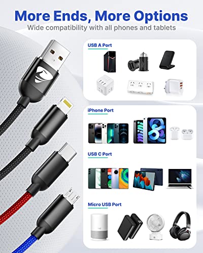 Multi Charger Cable, Multi Charging Cable 3 in 1 Fast Multi USB Charger Cable Multiple Cable Nylon with Micro USB Type C, iP 14 13 12 11 Android Galaxy S22 S21 S20, Huawei, OnePlus, Kindle, LG