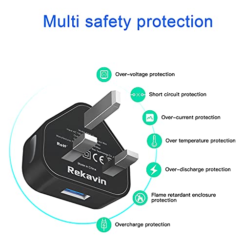 3 Pack USB Plug UK 3 Pin Mains Charger,Rekavin USB Wall Charger Plug Adaptor UK Compact Phone Charge Head 5V/1AMP Charging for iPhone 13/12 Pro/11/11 Pro/10/Xs/XS Max/XR/X/8/7/6 Plus,iPad,USB Device