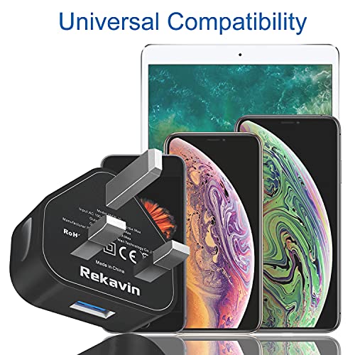 3 Pack USB Plug UK 3 Pin Mains Charger,Rekavin USB Wall Charger Plug Adaptor UK Compact Phone Charge Head 5V/1AMP Charging for iPhone 13/12 Pro/11/11 Pro/10/Xs/XS Max/XR/X/8/7/6 Plus,iPad,USB Device