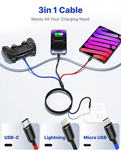 Multi Charger Cable, Multi Charging Cable 3 in 1 Fast Multi USB Charger Cable Multiple Cable Nylon with Micro USB Type C, iP 14 13 12 11 Android Galaxy S22 S21 S20, Huawei, OnePlus, Kindle, LG