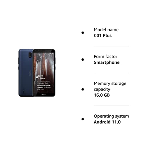 Nokia C01 Plus 5.45 Inch Android (Go Edition) UK SIM Free Smartphone with 1 GB RAM and 16 GB Storage (Dual SIM) - Blue (Renewed)