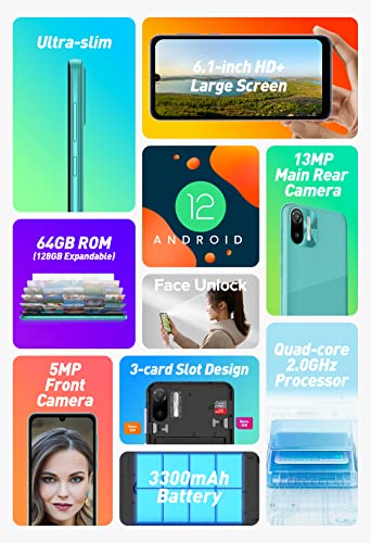 Android 12 Mobile Phone Unlocked Ulefone NOTE 6T, 2.0GHz Quad Core 3GB+64GB, 8.5mm Ultra Slim DUAL SIM-Free Smartphone, 6.1'' HD+ Screen, 3-Card Slot, 4G Phone, 13MP+5MP Camera, Face Unlock GPS Purple