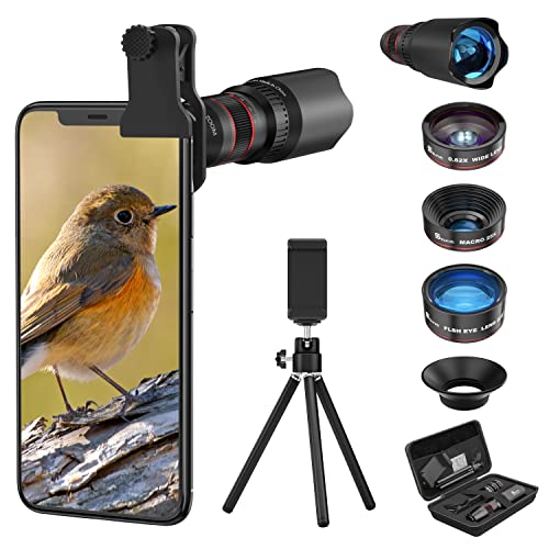 Selvim Phone Camera Lens Kit 9 in 1: 22X Telephoto Lens, 235° Fisheye Lens, 25X Macro Lens, 0.62X Wide Angle Lens, Phone Lens Compatible with iPhone 11 12 8 7 6 Plus X XS XR Samsung Android