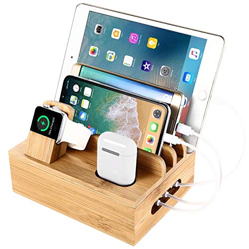 Bamboo Wood Desktop Multi-Device Dock & Organizer, Universal Cord Organizer, Charging Station Accessories Docking Holder Compatible Apple Watch, Airpods, Cell Phone, Tablet