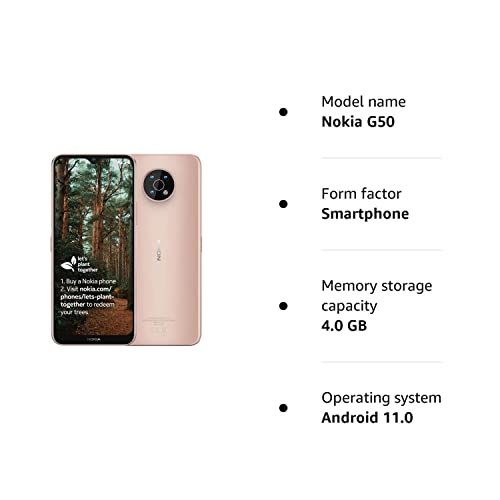 Nokia G50 5G Smartphone with 6.82" HD+ Display, Android 11, 4GB RAM/64GB ROM, 5000 mAh Battery, 48MP Triple Camera, 18W Quick Charging Compatible, Video Selfie Stabilisation - Sand (Renewed)