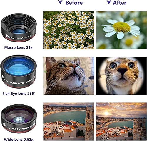 Selvim Phone Camera Lens Kit 9 in 1: 22X Telephoto Lens, 235° Fisheye Lens, 25X Macro Lens, 0.62X Wide Angle Lens, Phone Lens Compatible with iPhone 11 12 8 7 6 Plus X XS XR Samsung Android
