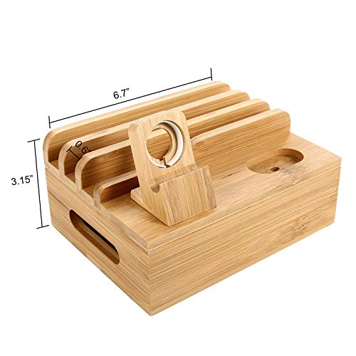 Bamboo Wood Desktop Multi-Device Dock & Organizer, Universal Cord Organizer, Charging Station Accessories Docking Holder Compatible Apple Watch, Airpods, Cell Phone, Tablet