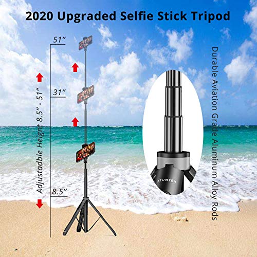 ATUMTEK 1.3m Selfie Stick Tripod, All in One Extendable Phone Tripod Stand with Bluetooth Remote 360° Rotation for iPhone and Android Phone Selfies, Video Recording, Vlogging, Live Streaming, Black