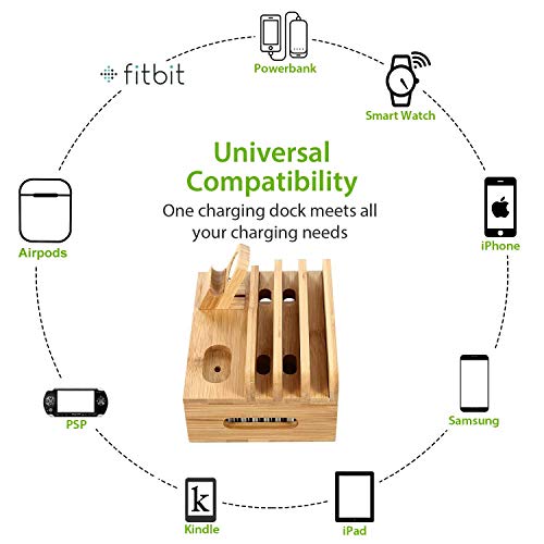 Bamboo Wood Desktop Multi-Device Dock & Organizer, Universal Cord Organizer, Charging Station Accessories Docking Holder Compatible Apple Watch, Airpods, Cell Phone, Tablet