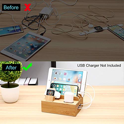Bamboo Wood Desktop Multi-Device Dock & Organizer, Universal Cord Organizer, Charging Station Accessories Docking Holder Compatible Apple Watch, Airpods, Cell Phone, Tablet