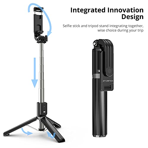 ATUMTEK 1m Selfie Stick Tripod, Extendable Bluetooth Selfie Stick with Wireless Remote for iPhone 13/13 Pro/13 mini/12/11/11 Pro/XS/XR/X/8/7 Plus, Samsung, Huawei, Google, LG, Sony Smartphones, Black