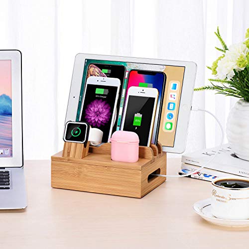 Bamboo Wood Desktop Multi-Device Dock & Organizer, Universal Cord Organizer, Charging Station Accessories Docking Holder Compatible Apple Watch, Airpods, Cell Phone, Tablet