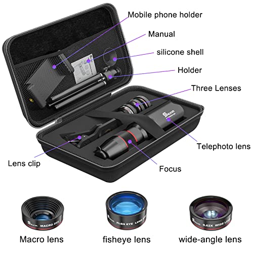 Selvim Phone Camera Lens Kit 9 in 1: 22X Telephoto Lens, 235° Fisheye Lens, 25X Macro Lens, 0.62X Wide Angle Lens, Phone Lens Compatible with iPhone 11 12 8 7 6 Plus X XS XR Samsung Android