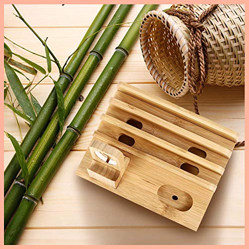 Bamboo Wood Desktop Multi-Device Dock & Organizer, Universal Cord Organizer, Charging Station Accessories Docking Holder Compatible Apple Watch, Airpods, Cell Phone, Tablet
