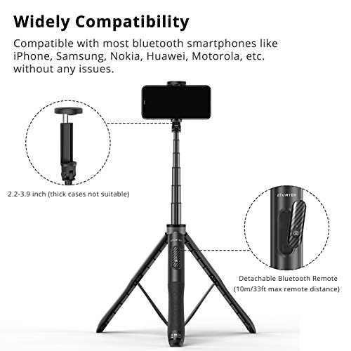 ATUMTEK 1.3m Selfie Stick Tripod, All in One Extendable Phone Tripod Stand with Bluetooth Remote 360° Rotation for iPhone and Android Phone Selfies, Video Recording, Vlogging, Live Streaming, Black