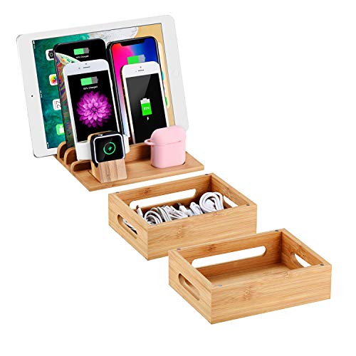 Bamboo Wood Desktop Multi-Device Dock & Organizer, Universal Cord Organizer, Charging Station Accessories Docking Holder Compatible Apple Watch, Airpods, Cell Phone, Tablet