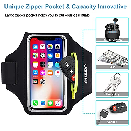 Running Armband with Airpods Zipper Pocket Cell Phone Armband Holder Sweatproof Sports Gym Armband Case Fits iPhone 14/14 Pro Max/13/13 Pro/12 Pro Max/11 /11Pro/XR/XS Max with Touchscreen up to 6.9"
