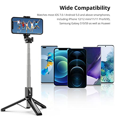 ATUMTEK 1m Selfie Stick Tripod, Extendable Bluetooth Selfie Stick with Wireless Remote for iPhone 13/13 Pro/13 mini/12/11/11 Pro/XS/XR/X/8/7 Plus, Samsung, Huawei, Google, LG, Sony Smartphones, Black