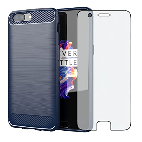 Compatible with OnePlus 5 Case and Tempered Glass Screen Protector with Shockproof Slim Soft TPU Silicone Phone Cover for OnePlus5 A5000 One Plus5 1 Plus 1plus Five One+ + 1+5 1+ 5 Women Men Blue