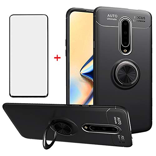Phone Case for Oneplus 7 Pro with Tempered Glass Screen Protector Cover and Magnetic Stand Ring Holder Accessories Shockproof Silicone Oneplus7Pro One Plus Plus7pro 1 1Plus OnePlus7 7Pro + 1+7 black