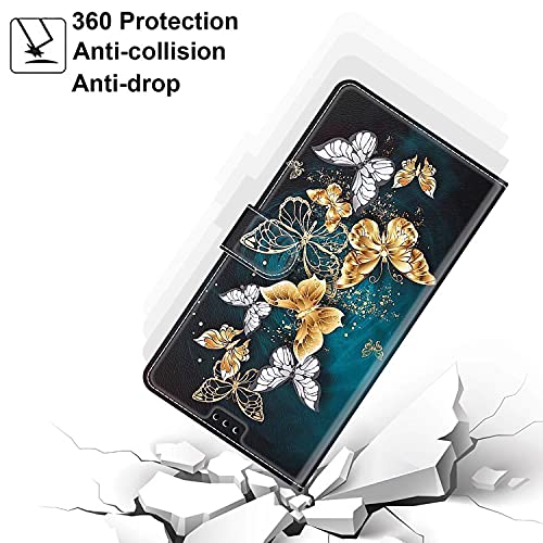 Dfjhure Samsung A14 Case Leather Flip Wallet Phone Case Cover Silicone Shockproof Bumper Cover Stand View Cover with Card Slots Phone Case For Samsung Galaxy A14 4G/5G- Golden butterfly