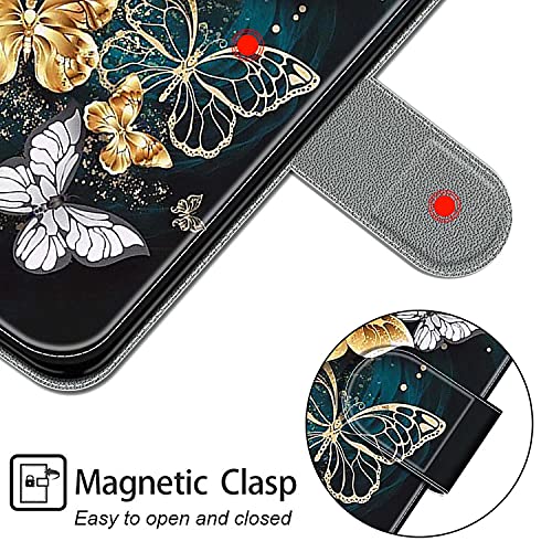 Dfjhure Samsung A14 Case Leather Flip Wallet Phone Case Cover Silicone Shockproof Bumper Cover Stand View Cover with Card Slots Phone Case For Samsung Galaxy A14 4G/5G- Golden butterfly