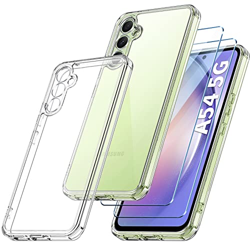 Qasyfanc Camera Cover for Samsung a54 Case with 2 Pack Tempered Glass Screen Protector, Non-Yellowing Shockproof Phone Bumper Cover, Hard PC Anti-Scratch Samsung Galaxy a54 5g Phone Case- Clear