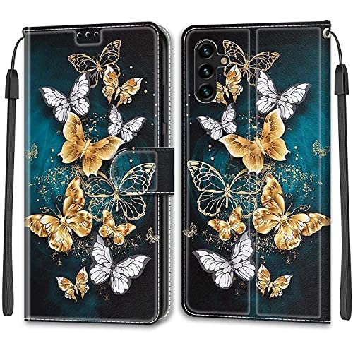 Dfjhure Samsung A14 Case Leather Flip Wallet Phone Case Cover Silicone Shockproof Bumper Cover Stand View Cover with Card Slots Phone Case For Samsung Galaxy A14 4G/5G- Golden butterfly