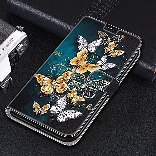 Dfjhure Samsung A14 Case Leather Flip Wallet Phone Case Cover Silicone Shockproof Bumper Cover Stand View Cover with Card Slots Phone Case For Samsung Galaxy A14 4G/5G- Golden butterfly
