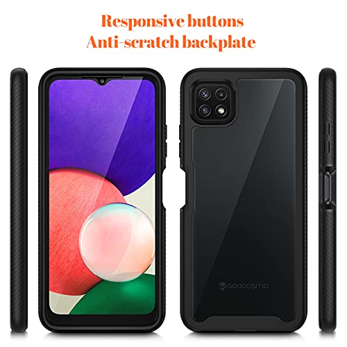 seacosmo Samsung A22 5G Case, Galaxy A22s Case [with Screen Protector] Full Body Shockproof Protection Armour Cover Slim Fit Bumper Protective Phone Case for Samsung Galaxy A22/A22s- Black/Clear