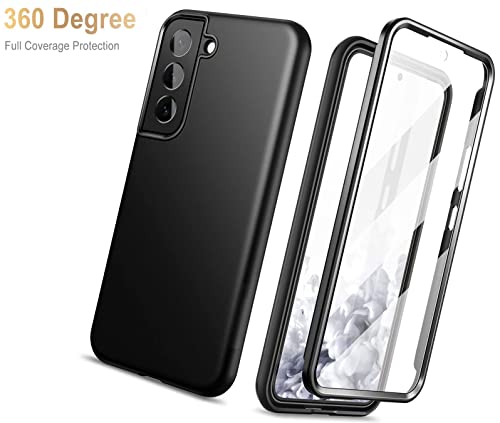 NWNK13 For Samsung Galaxy S22 Case Crystal Clear Slim Fit Front & Back 360° Case Built-in Screen Protector Transparent Full Body Silicone Gel Mobile Phone Cover for Samsung S22 5G (Clear) (Black)