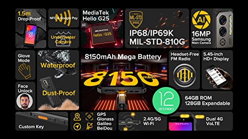 Ulefone ARMOR X11 PRO Android 12 Rugged Smartphone, 8150mAh Battery, 16MP Underwater Camera, Helio G25 4GB+64GB, 5.45" IP68/IP69K Waterproof Mobile Phone, DUAL SIM, 3-Card Slot, Face Unlock NFC GPS